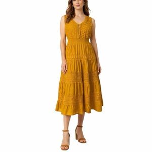 NAOO Nation AK Outfits Womens 2X Mustard Yellow Boho Tiered Crochet Midi Dress